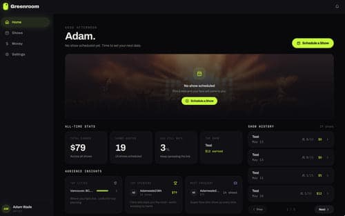 Greenroom artist dashboard - all-time stats for earnings, shows hosted and fill rate, alongside audience insights and a list of past shows