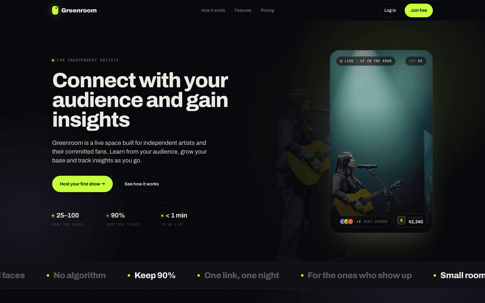 Greenroom landing page - 'Connect with your audience and gain insights' headline beside a live stream phone mockup