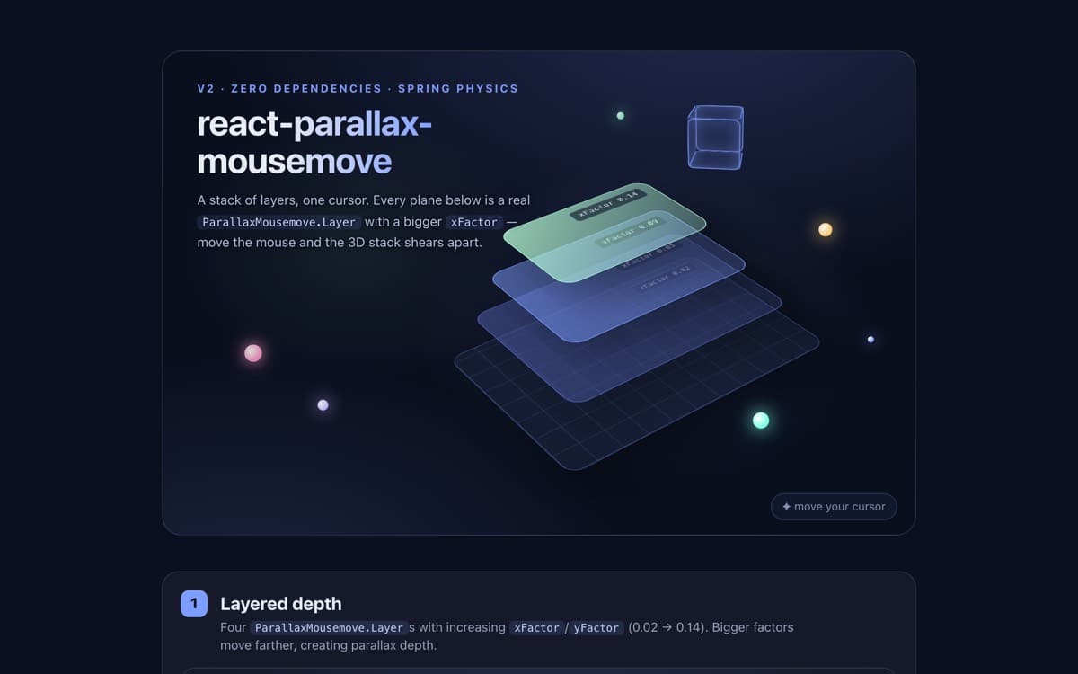 Parallax Mouse demo - a 3D stack of labeled parallax layers shearing apart as the cursor moves, beside the package headline