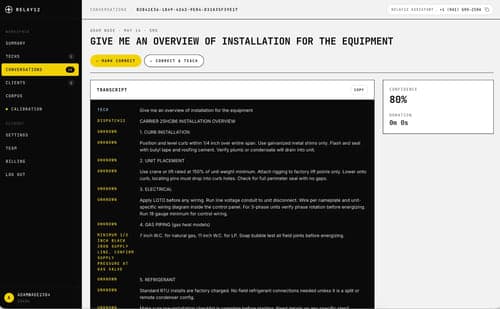 Relay12 conversation view - an SMS transcript of a tech asking for an equipment installation overview, answered step by step and scored at 80% confidence
